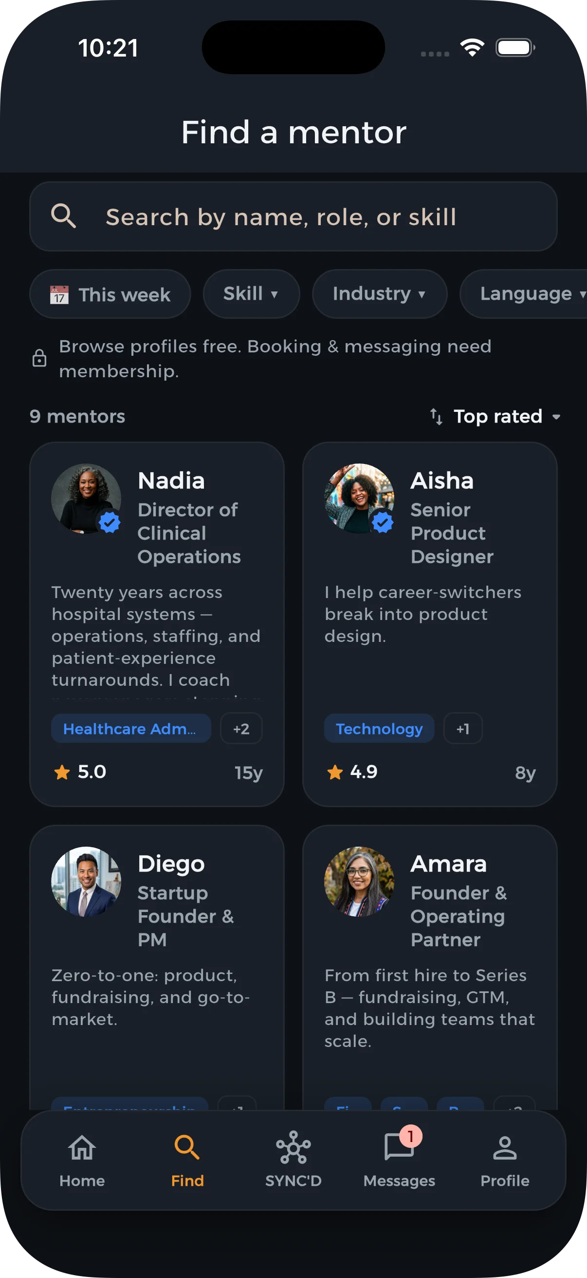 Browse and filter mentors